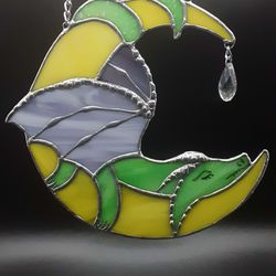 dragon stained glass dreamcatcher moon suncatcher, dragon on moon window hanging ornament, crescent moon christmas decor