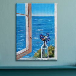 Seaside Painting Window Original Art Flower Bouquet Painting Seascape Art Oil On Canvas Small Painting 14 by 10