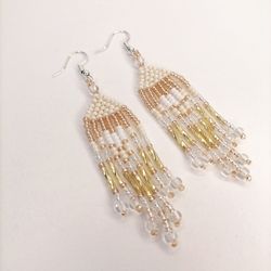 long beaded earrings, beaded earrings, feather earrings, earrings
