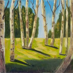 Original Oil Painting Birches Trees Artwork Sunny Day Painting Oil on Canvas Size 12 by 12 by ArtbyMila