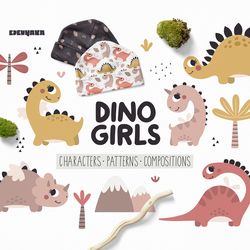 Dino Girls. Kids Collection, Dino SVG, Dinosaur PNG, Dinosaur Digital Paper