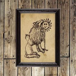 The lion swallowing the sun. Magical style gift. Medieval poster. 66.