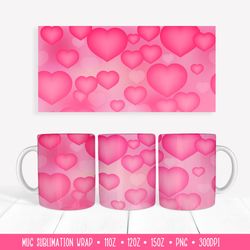 Pink Hearts Mug Sublimation Design. Romantic Mug Wrap