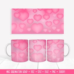 Soft Pink Hearts Mug Sublimation Design. Romantic Mug Wrap