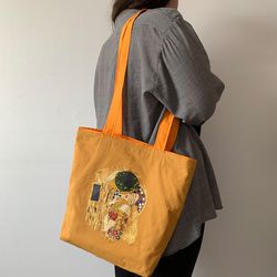 shopper gustav klimt kiss. a hand-painted cotton shopping bag. gustav klimt's kiss. eco shopper mustard