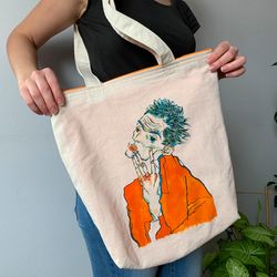 shopper egon schiele "self-portrait in an orange jacket". a hand-painted shopping bag. eco shopper for walking