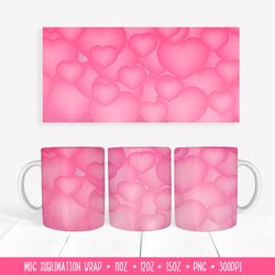 3d Hearts Mug Sublimation Design. Soft  Pink Mug Wrap