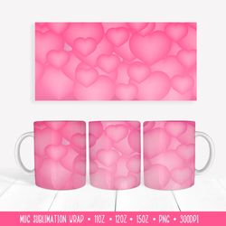 3d hearts mug sublimation design. soft  pink mug wrap