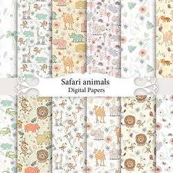 cute safari animals, seamless patterns.