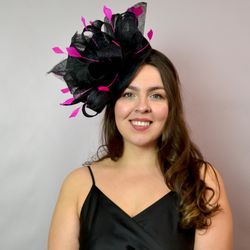 pink black fascinator, bow fascinator, black derby hat, hat for special events