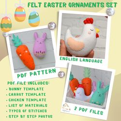 Easter set PDF pattern, Chicken bunny carrot sewing tutorial, Felt PDF pattern set, Easter plushie toy, Stuffed animal