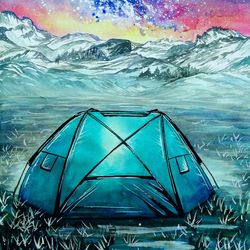hiking in the mounta painting original art starry sky art wall art 12 by 8 inches riche art  ready to ship.