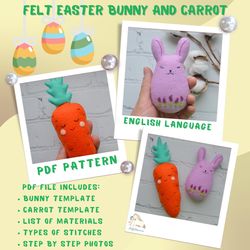 Easter PDF pattern, Easter ornamet set, Felt bunny and carrot sewing tutorial, Easter plushie toy, Stuffed animal