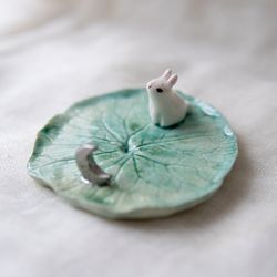 Whimsical Rabbit and Moon Ceramic Ring Dish: Handmade, Cute, and Charming Bunny Lover's Gift for Cottagecore Home Decor