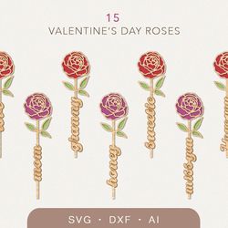 15 x Valentines day roses svg, Laser cut flowers svg