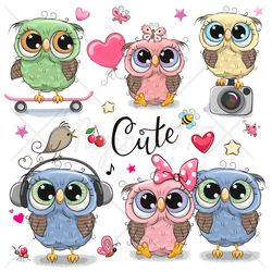 Cute Cartoon Owls PNG, clipart, Sublimation Design, digital clip art