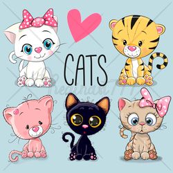 Cute Cartoon Cats PNG, clipart set, Sublimation Design