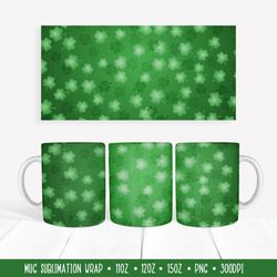 St. Patricks Day Mug Sublimation Wrap. Green Shamrock leaves