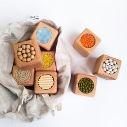 Sensory cubes for babies - Wooden blocks - Montessori tactile cube - Fine motor baby toys - Blocks with linen bag