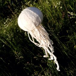 Felted hanging  white jellyfish for home decoration , diameter - 13  cm