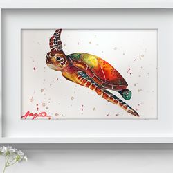 Sea Turtle Watercolor Wall Decor 8"x11" art painting by Anne Gorywine