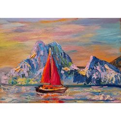 Scarlet Sails Original Oil Painting Mountain Landscape Seascape Small Artwork