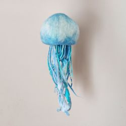 Felted hanging blue jellyfish for home decoration , 8 cm diameter