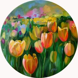 Tulip painting Flower Original Art Floral Artwork oil painting on canvas round artwork Tulip field canvas painting