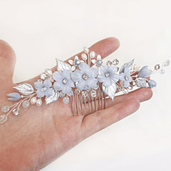 Blue flowers bridal hair comb and earrings set, Dusty blue wedding jewelry, Something blue bridal hair piece