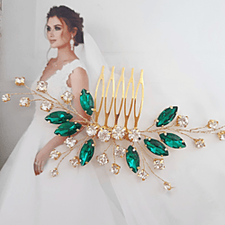 Bridal hair comb emerald, Green crystal hair piece, Emerald head piece and earrings set