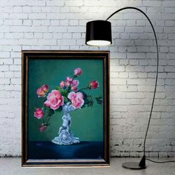 Roses painting Still life with pink roses and a vase figurine of a boy oil painting Floral art 16x12inc Wall art Artwork