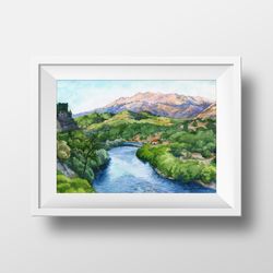 River in the mountains Watercolor painting for printing Digital file Poster A2