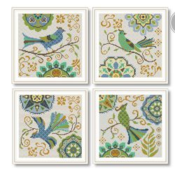 Cross Stitch Patterns Set of 4 Scandinavian Birds Modern Embroidery Primitive Sampler Nordic Style PDF Pattern 266