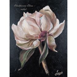 Peony Painting Floral Original Art Beige Flower Artwork Black Painting Gold Leaf Wall Art Ready to Hang Stretched Canvas