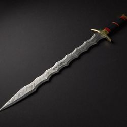 Custom Hand Forged, Damascus Steel Functional Sword 30 inches, Kris Blade, Flamberge Swords Battle Ready, With Sheath