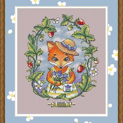 Fox Cross Stitch Pattern Strawberry Cross Stitch Pattern Summer Cross Stitch Pattern Flower Cross Stitch Pattern