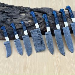 Custom Hand Forged, Damascus Steel Chef Knife Set, Kitchen Knife Set of 8 Pieces, With Leather Sheath Roll, Gift For Him