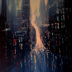 Night City Painting ORIGINAL OIL PAINTING on Canvas, Modern Impressionist Art Cityscape New York Painting by "Walperion"