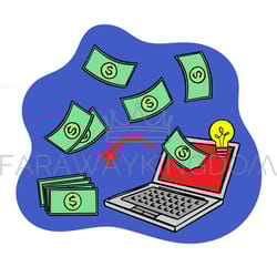 flying dollars and laptop online e-commerce over internet