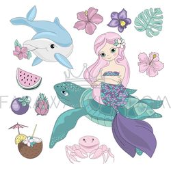 flying mermaid sea animals underwater vector illustration set