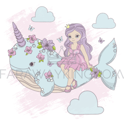 flying princess unicorn whale cartoon vector illustration set