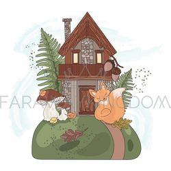 forest house autumn fall fairy nature vector illustration set