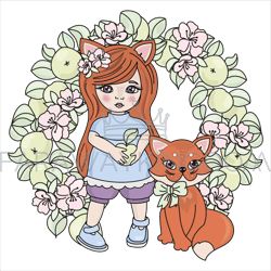 FOX BABIES Spring Girl Animal Wreath Vector Illustration Set