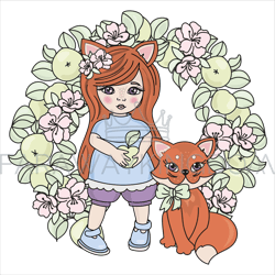 fox babies spring girl animal wreath vector illustration set