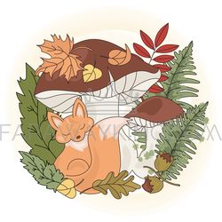 FOX MUSHROOM Animal Season Nature Vector Illustration Set