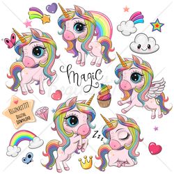 Set of Cute Unicorns PNG, Digital Download, Sublimation Design, Digital clipart