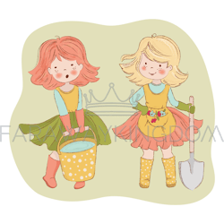 garden friends two women are working vector illustration set