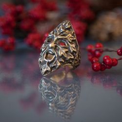 Forest spirit massive ring for man. Pagan Heavy jewelry. Scandinavian accessory for present. Floral ornament