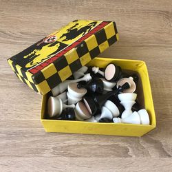 Soviet plastic chessmen set vintage, White black chess pieces made in USSR, Russian vintage chess figures,