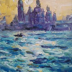 Original Artwork Oil Painting Gondola Sunset Venice Italy Venice  modern Impressionism  palette knife